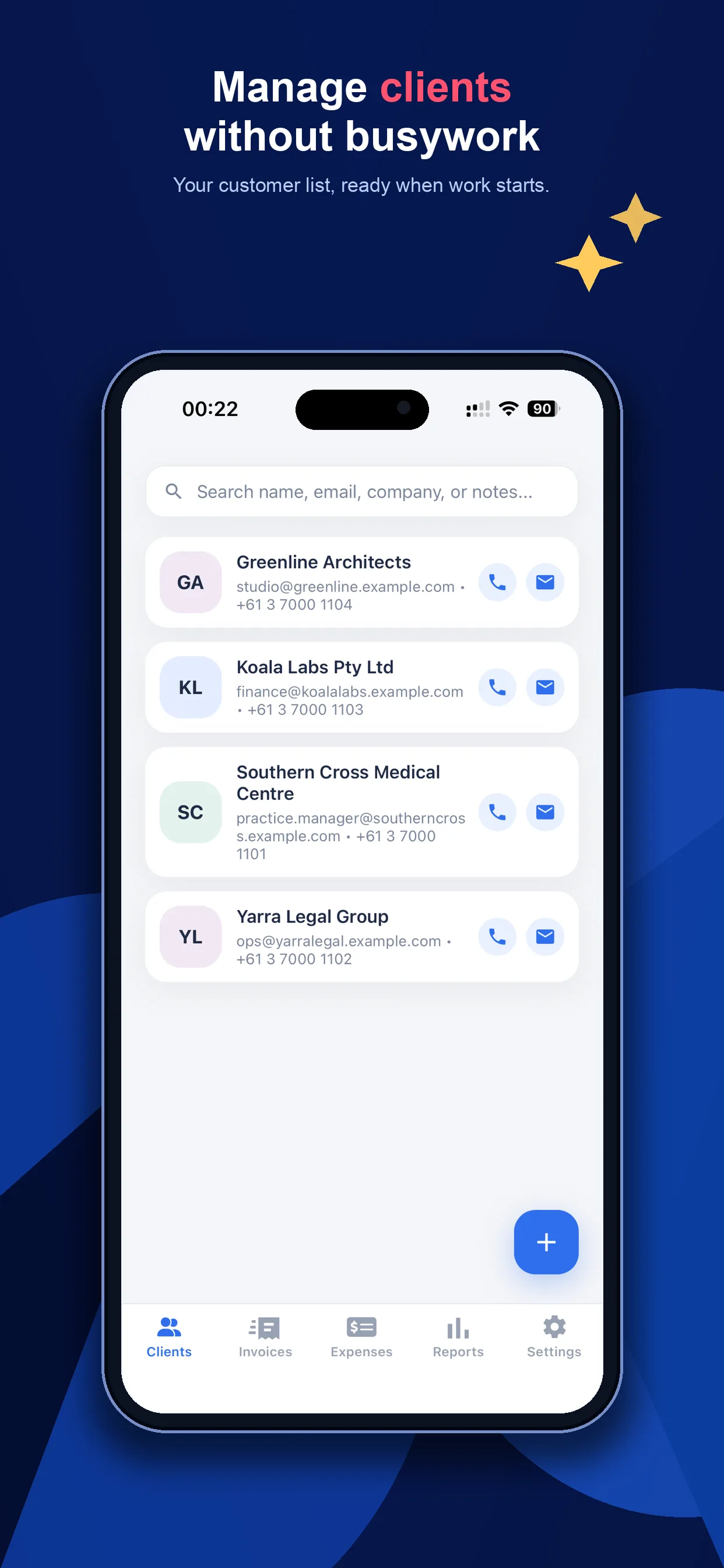 Client management screen in InvoiceMate invoice app for Australian sole traders