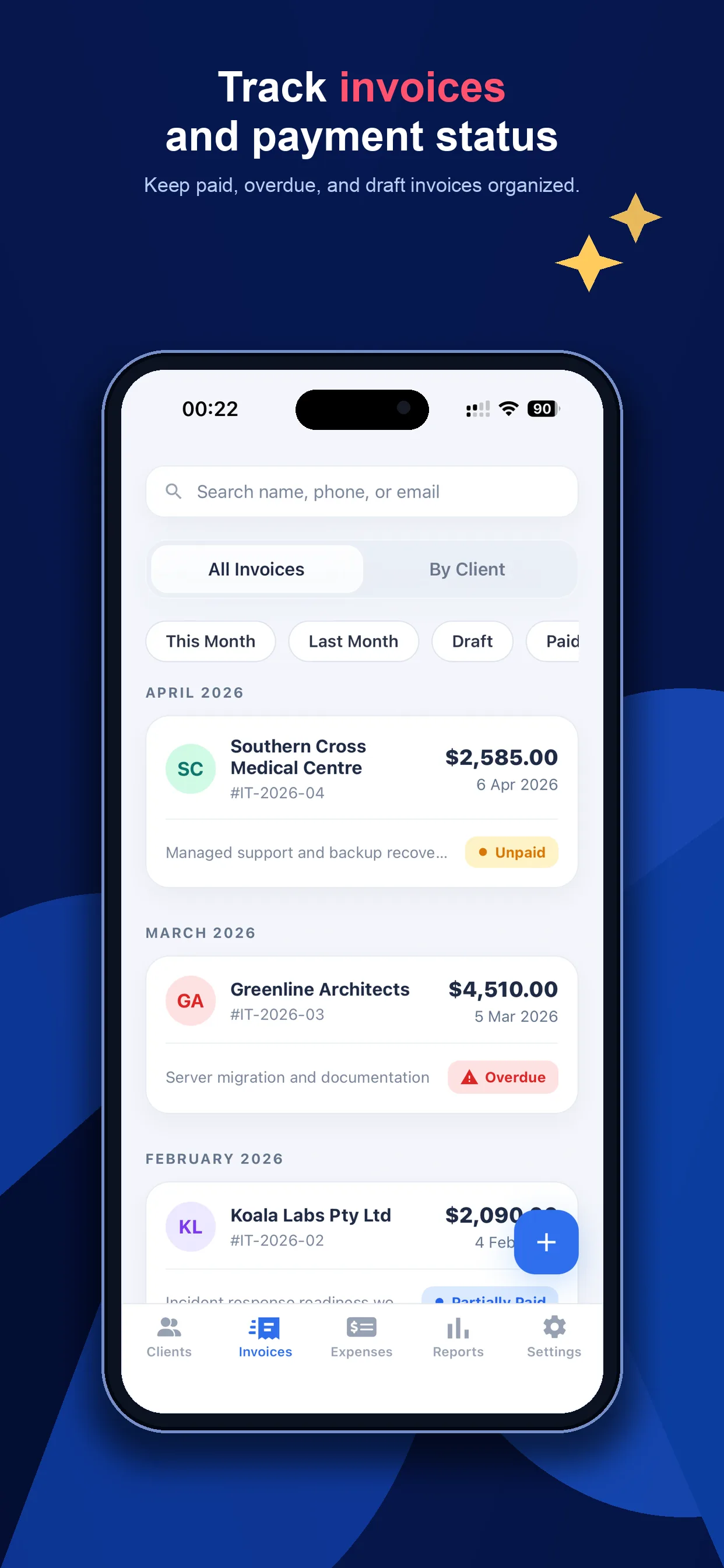 Invoice tracking screen in GST invoice app for Australian sole traders
