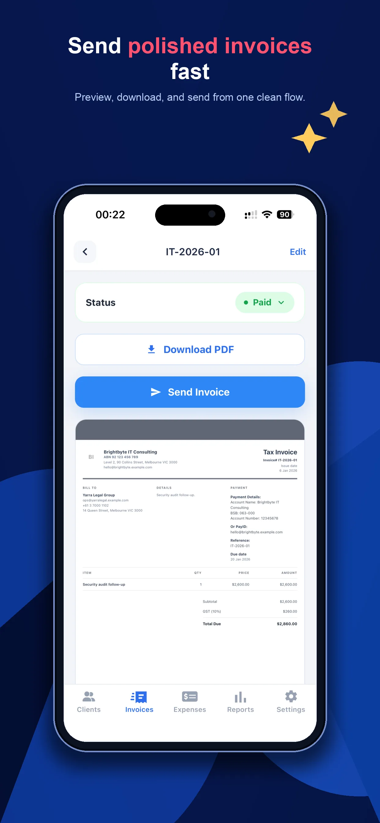 GST invoice app for Australian sole trader showing invoice preview and PDF sending