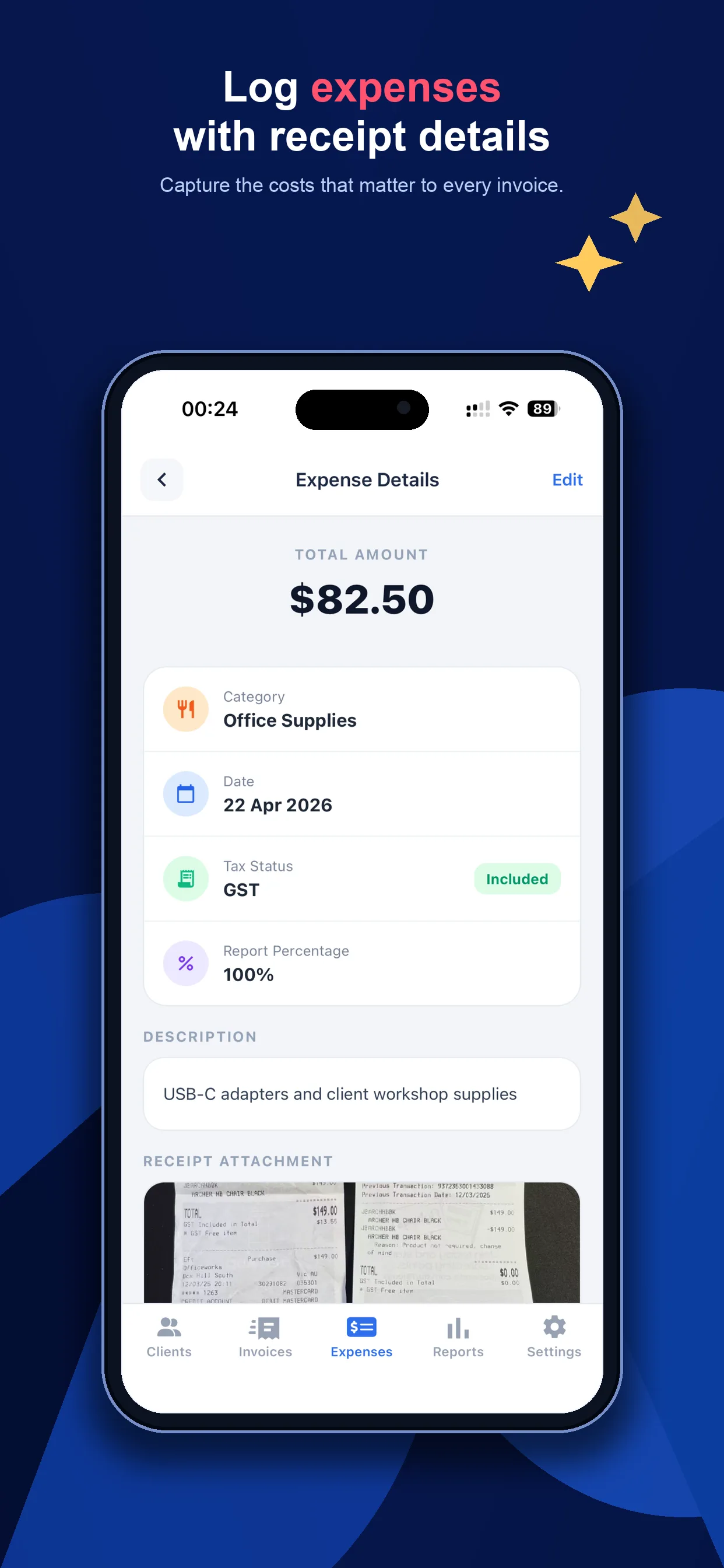 Receipt and expense tracking screen with GST details for BAS preparation
