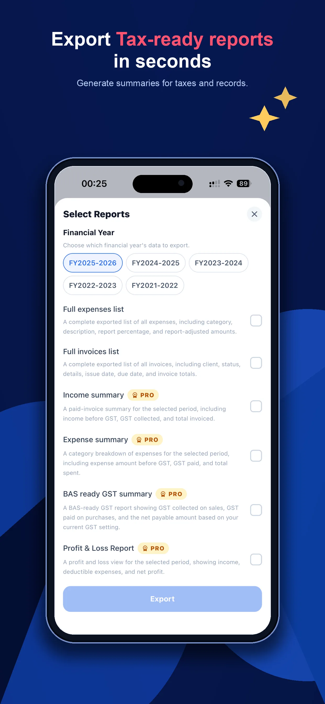 BAS-ready reports app for Australian sole traders showing GST report export