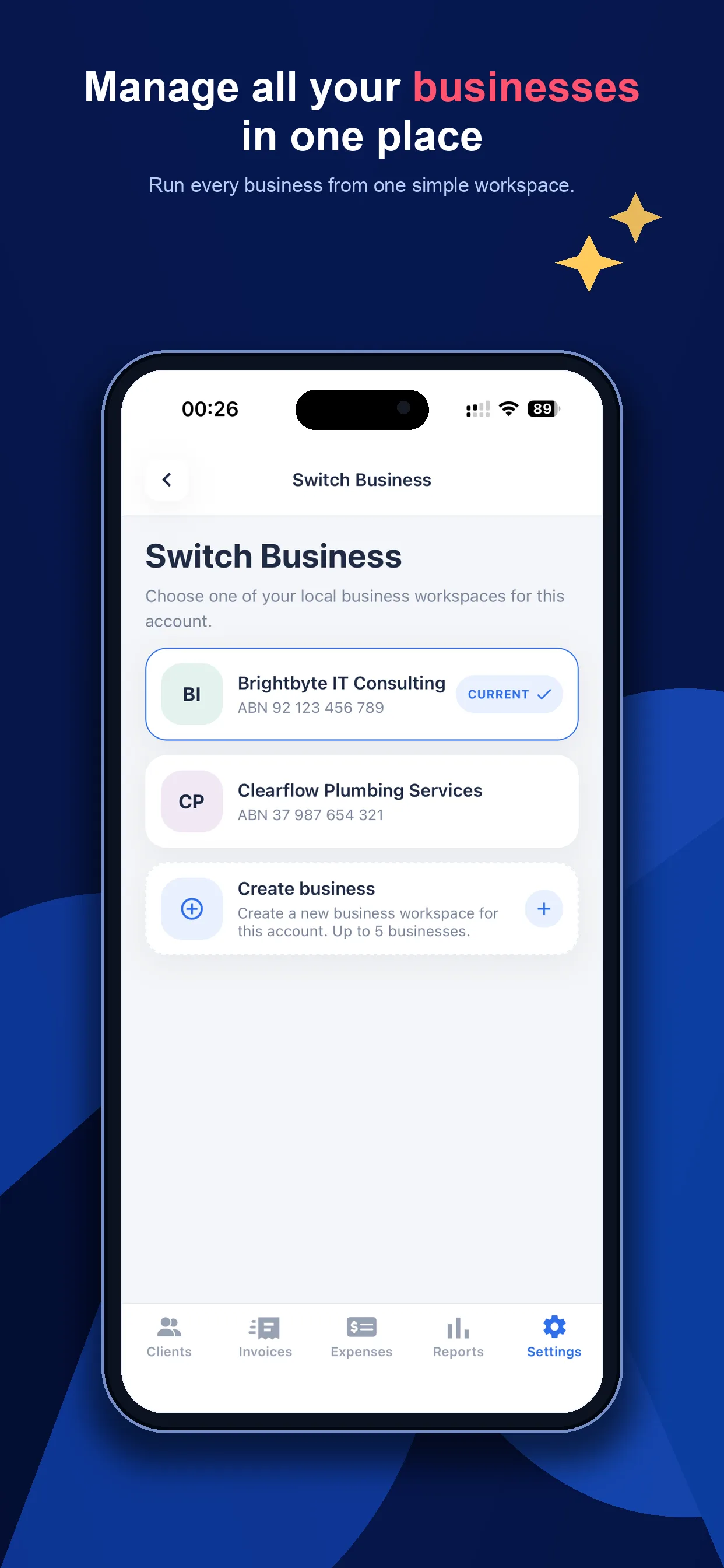 Multiple business workspace screen in InvoiceMate invoice app