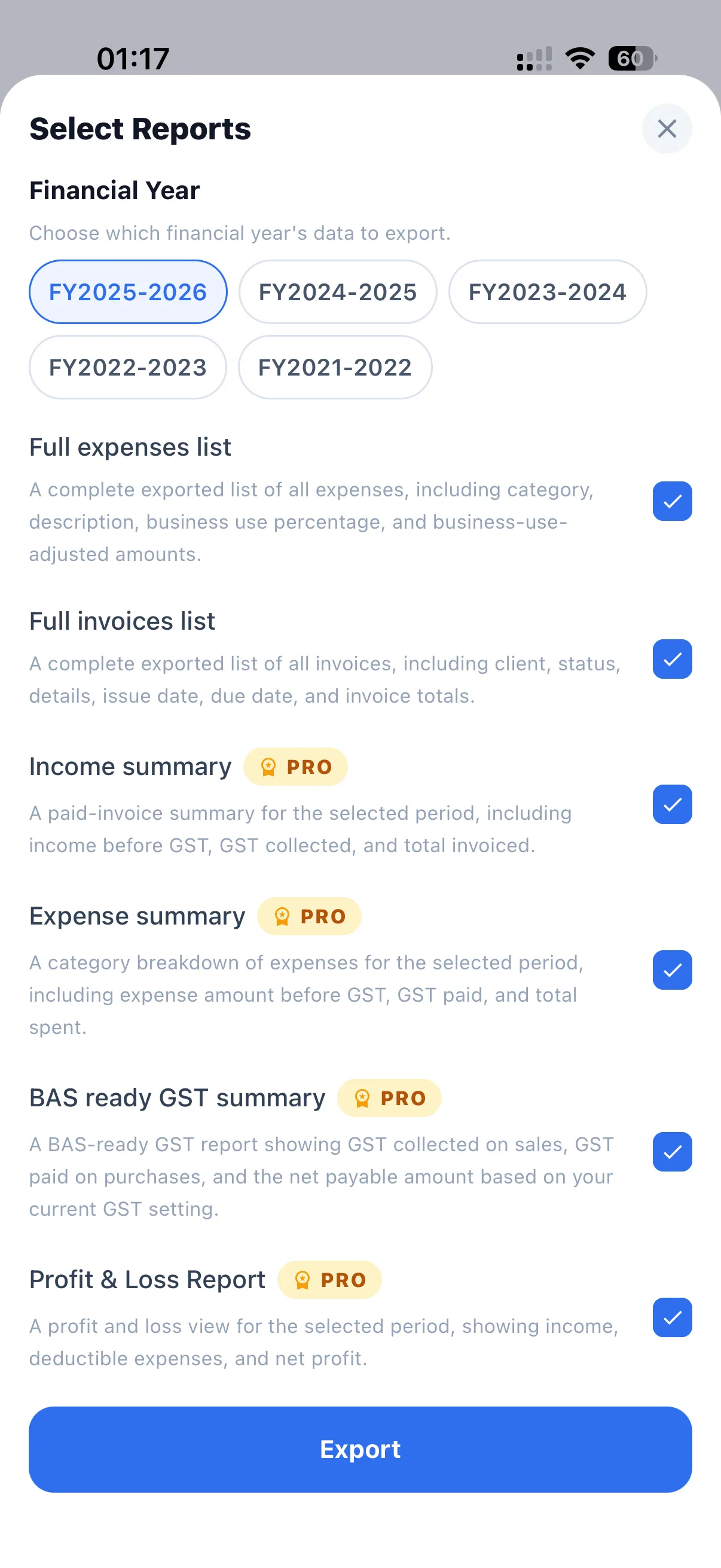 BAS-ready reports app for Australian sole traders showing income, expenses, GST collected and GST paid summary