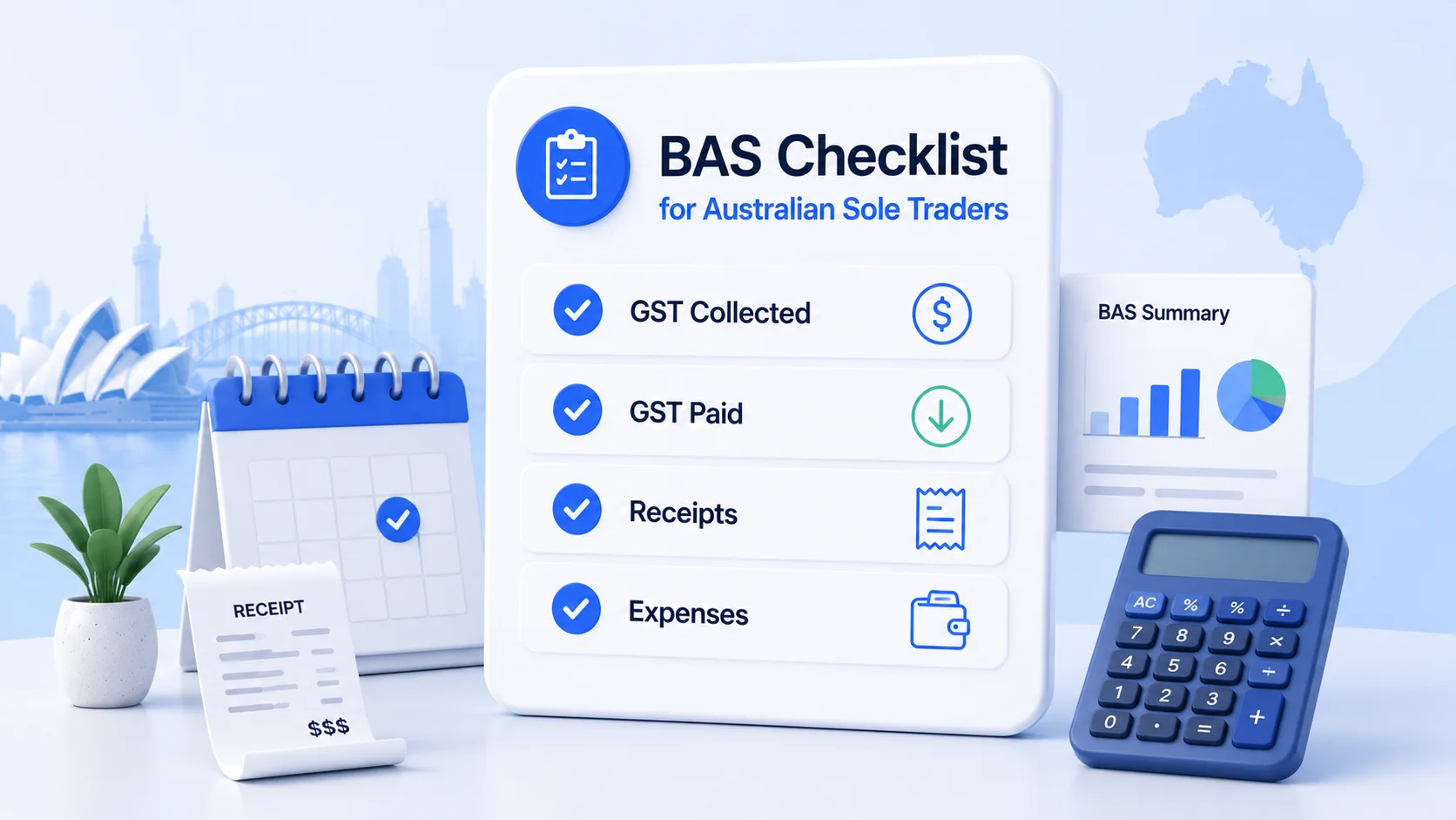 Illustrated InvoiceMate guide cover for a BAS checklist for Australian sole traders