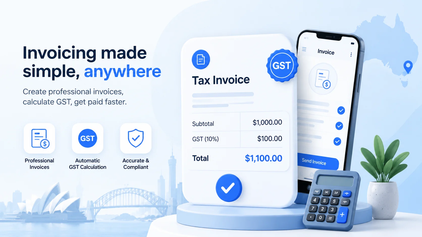 Illustrated InvoiceMate guide cover for creating GST invoices in Australia