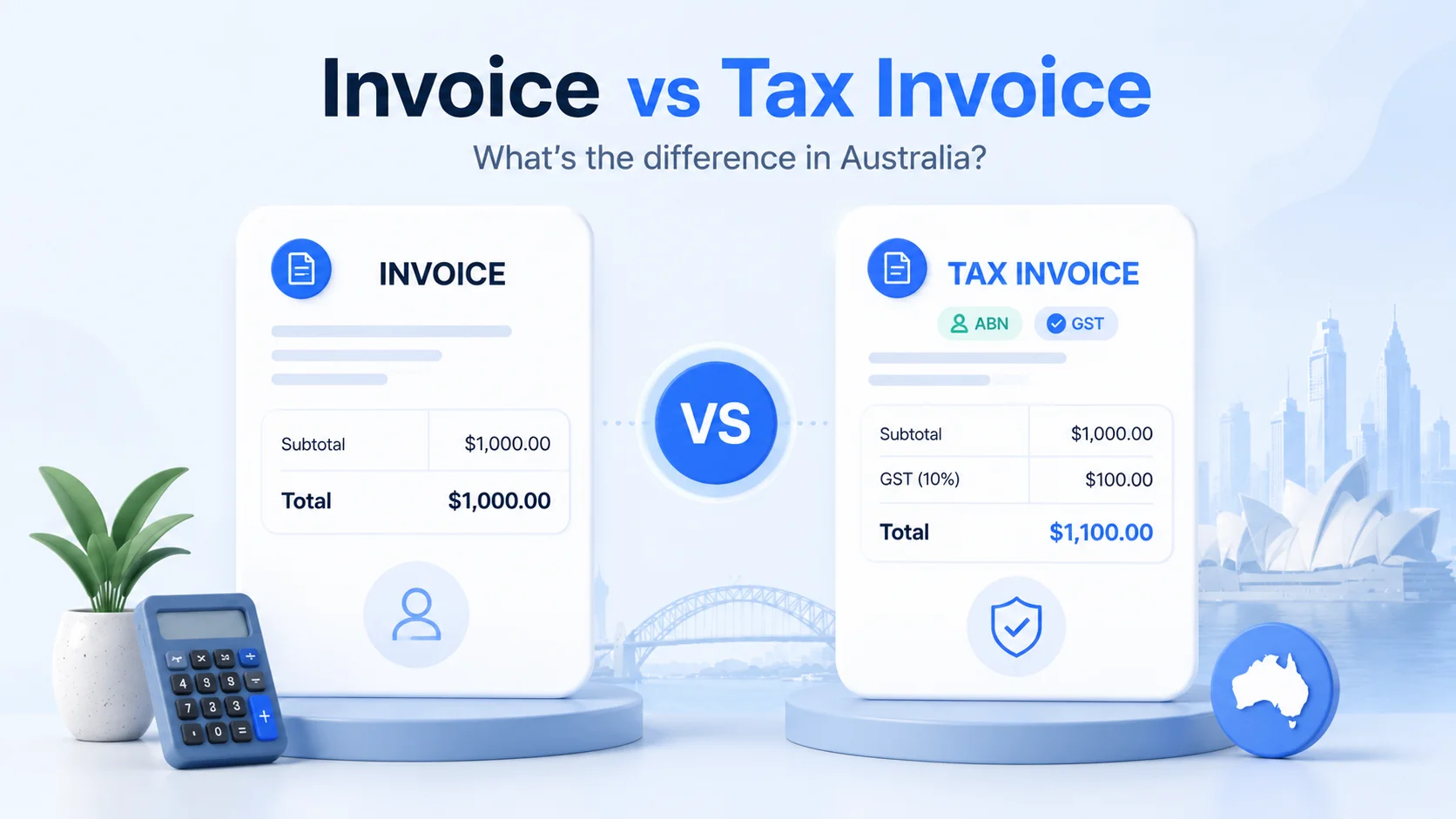 Illustrated InvoiceMate guide cover comparing tax invoices and regular invoices in Australia