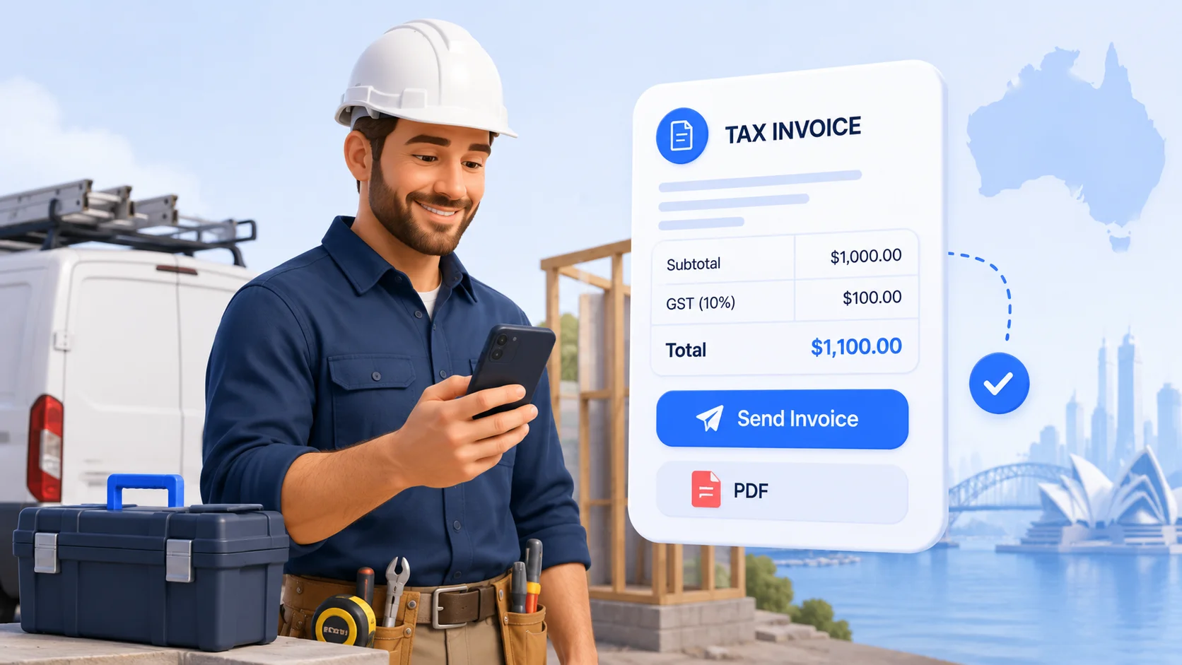Illustrated InvoiceMate guide cover for tradies invoicing from the job site
