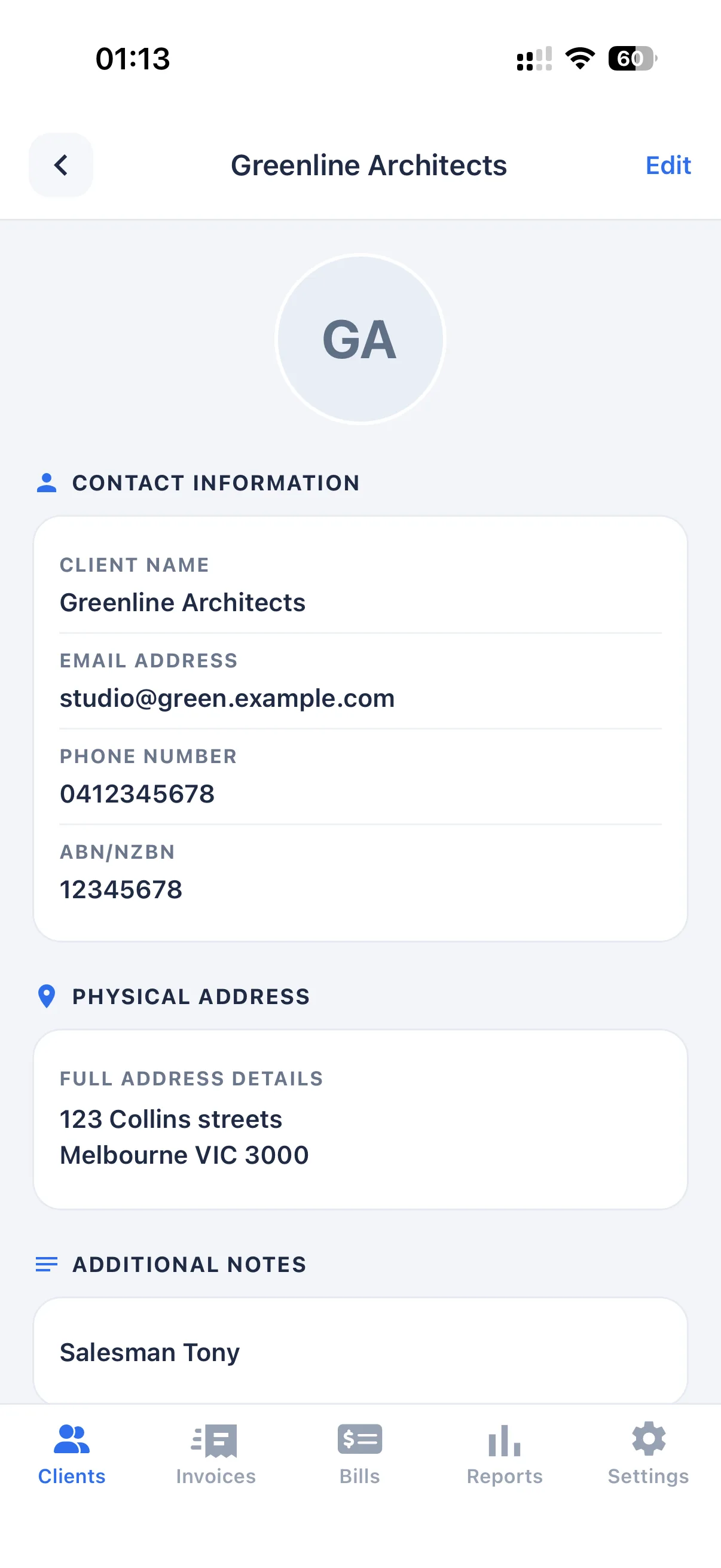 InvoiceMate client details screen showing customer name, email, address and ABN field
