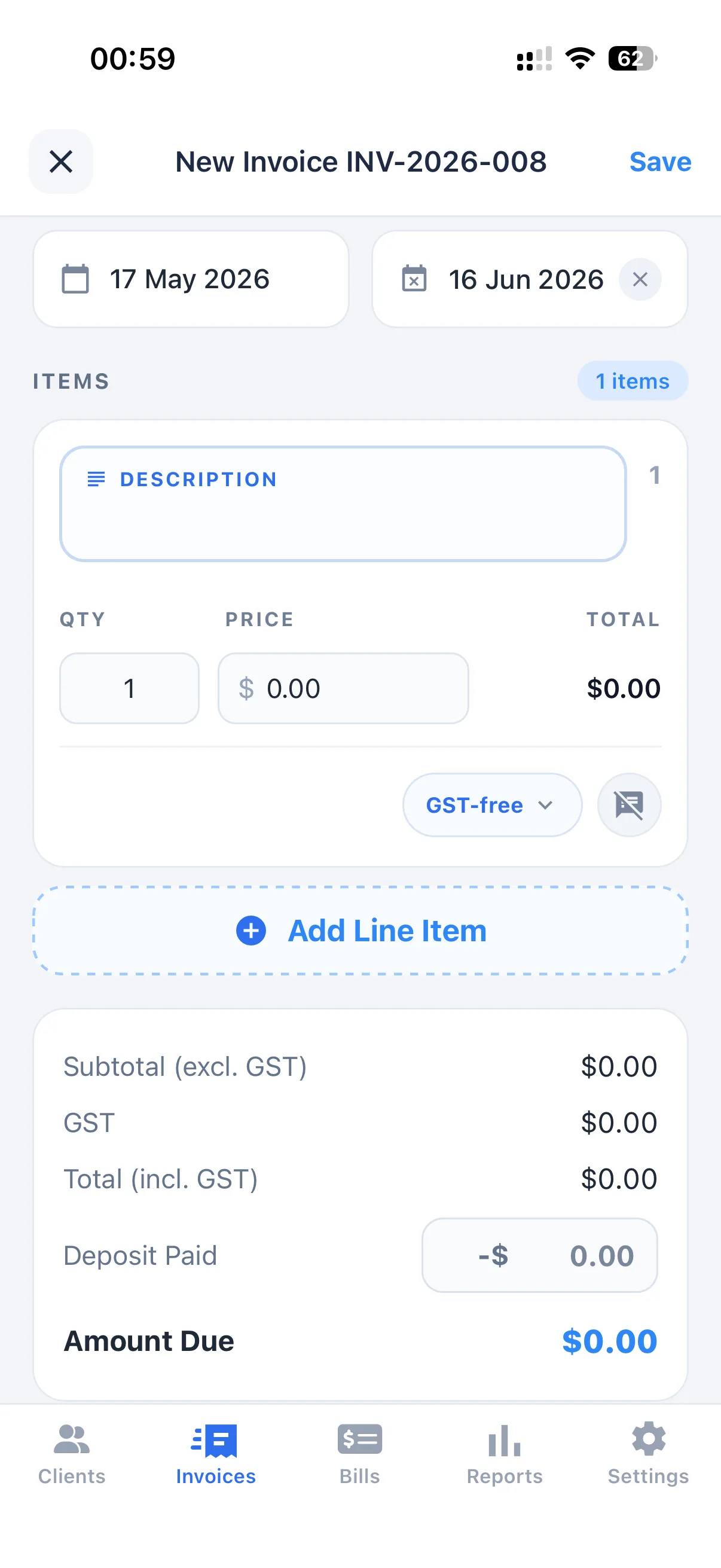 GST invoice app for Australian sole trader showing client, invoice date, line items, GST and total fields