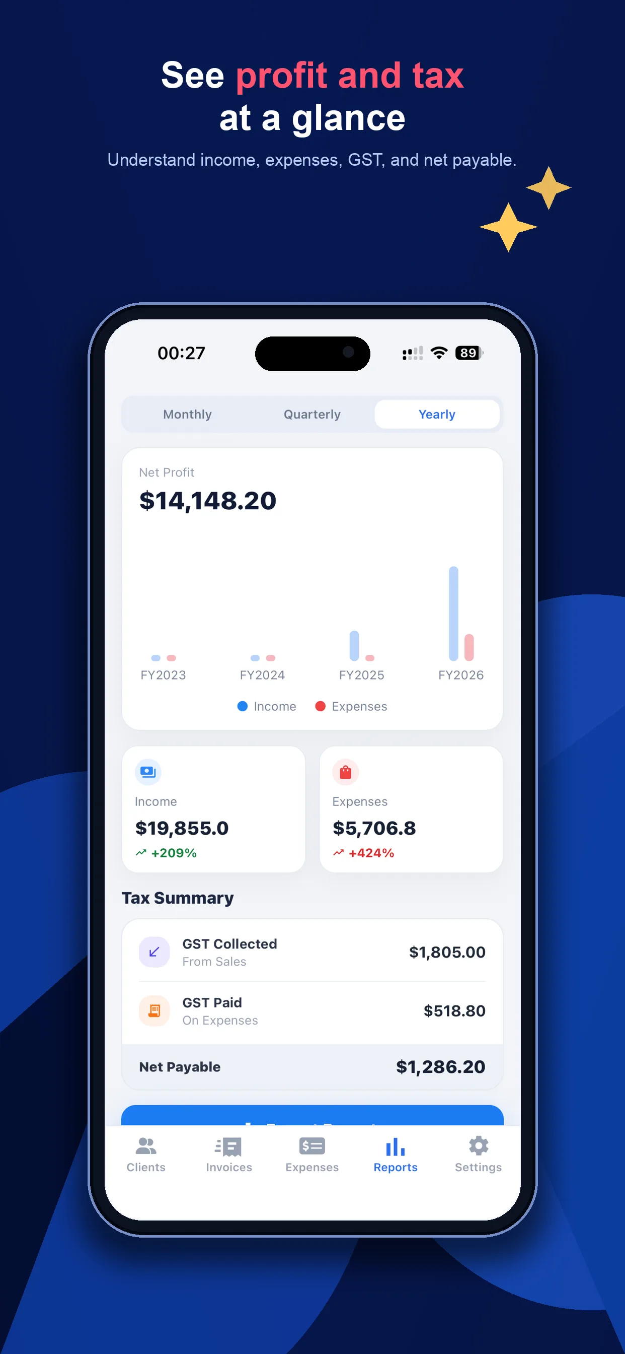 Invoice app dashboard for Australian sole traders showing invoices, clients, expenses and reports