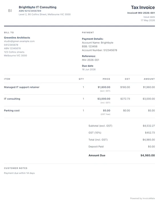 InvoiceMate GST summary showing subtotal, GST amount and total amount