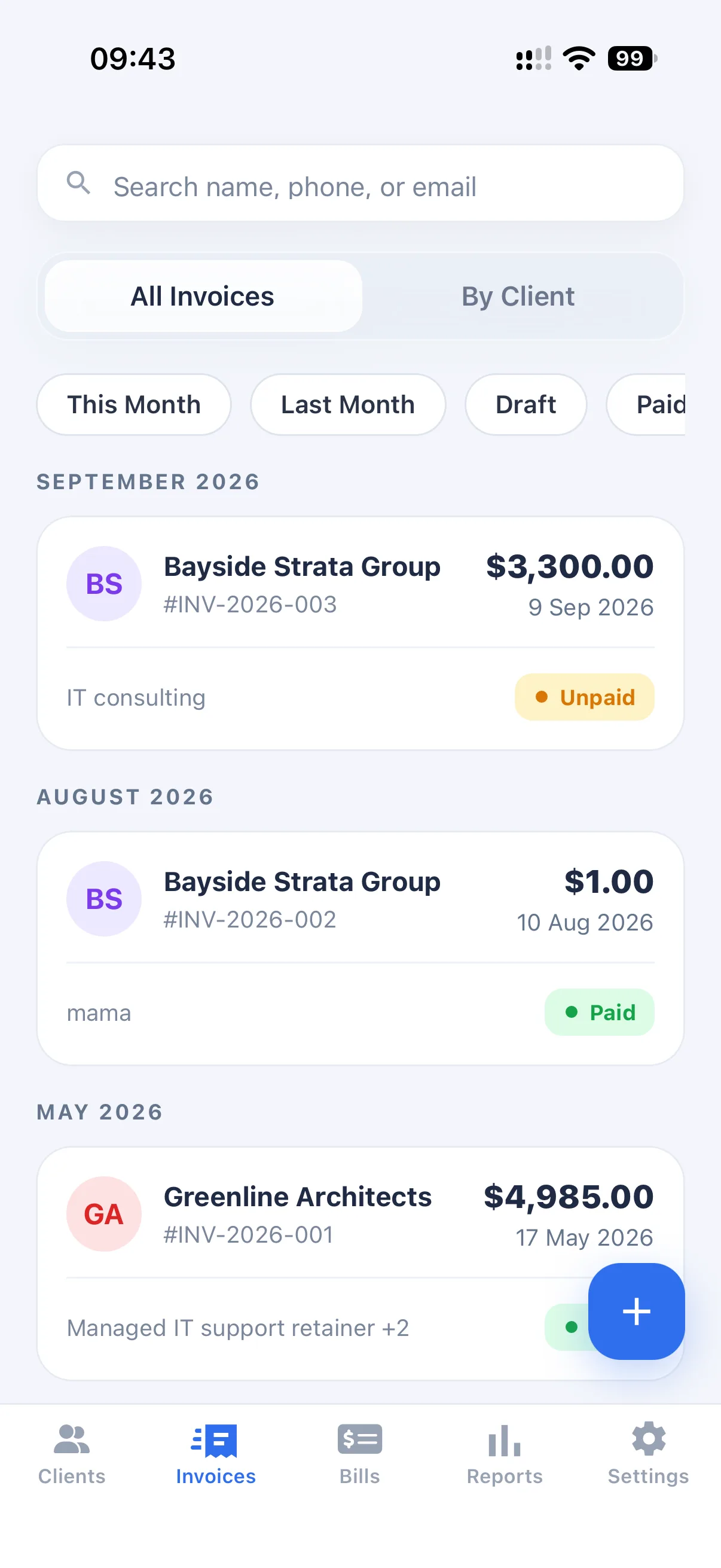 Invoice app for Australian tradies showing paid, unpaid and overdue invoices in one list