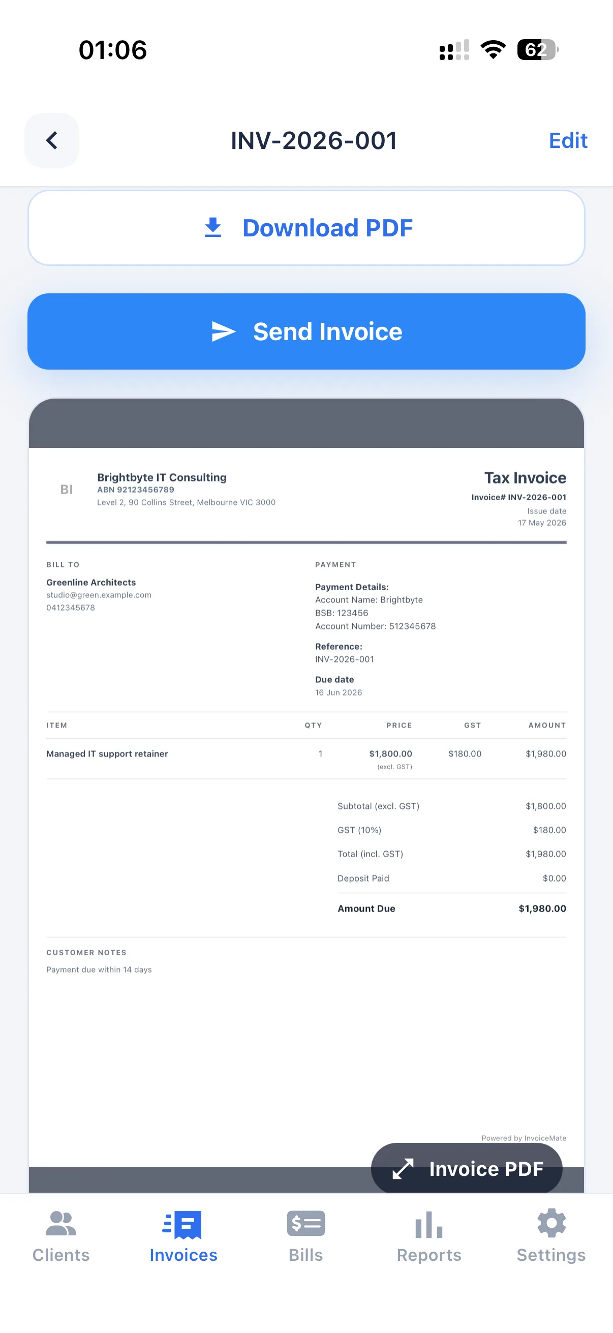 Australian tax invoice app showing Tax Invoice title, business name, ABN, issue date, GST and total