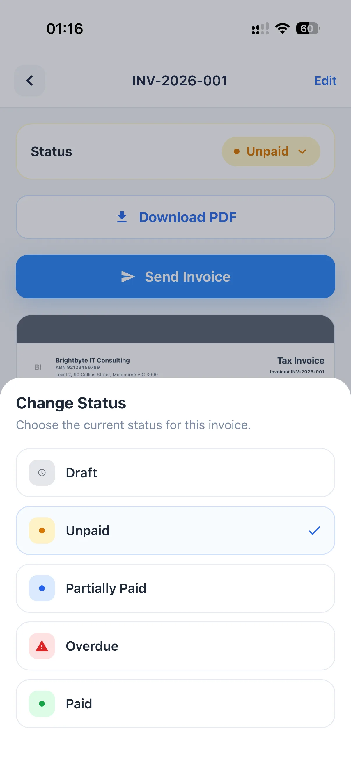 InvoiceMate invoice status list showing sent, paid and overdue invoices