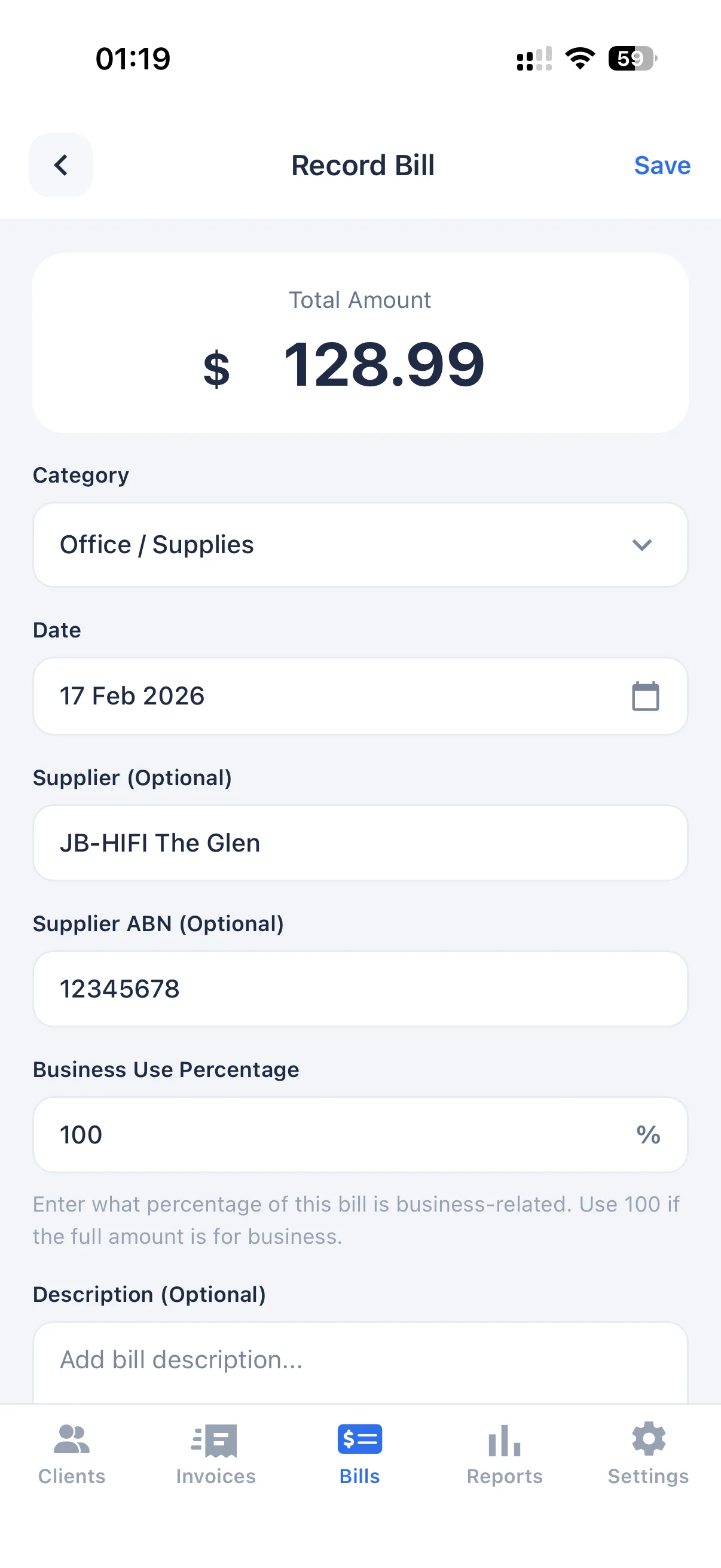 InvoiceMate receipt capture screen showing expense amount, GST amount, supplier and category