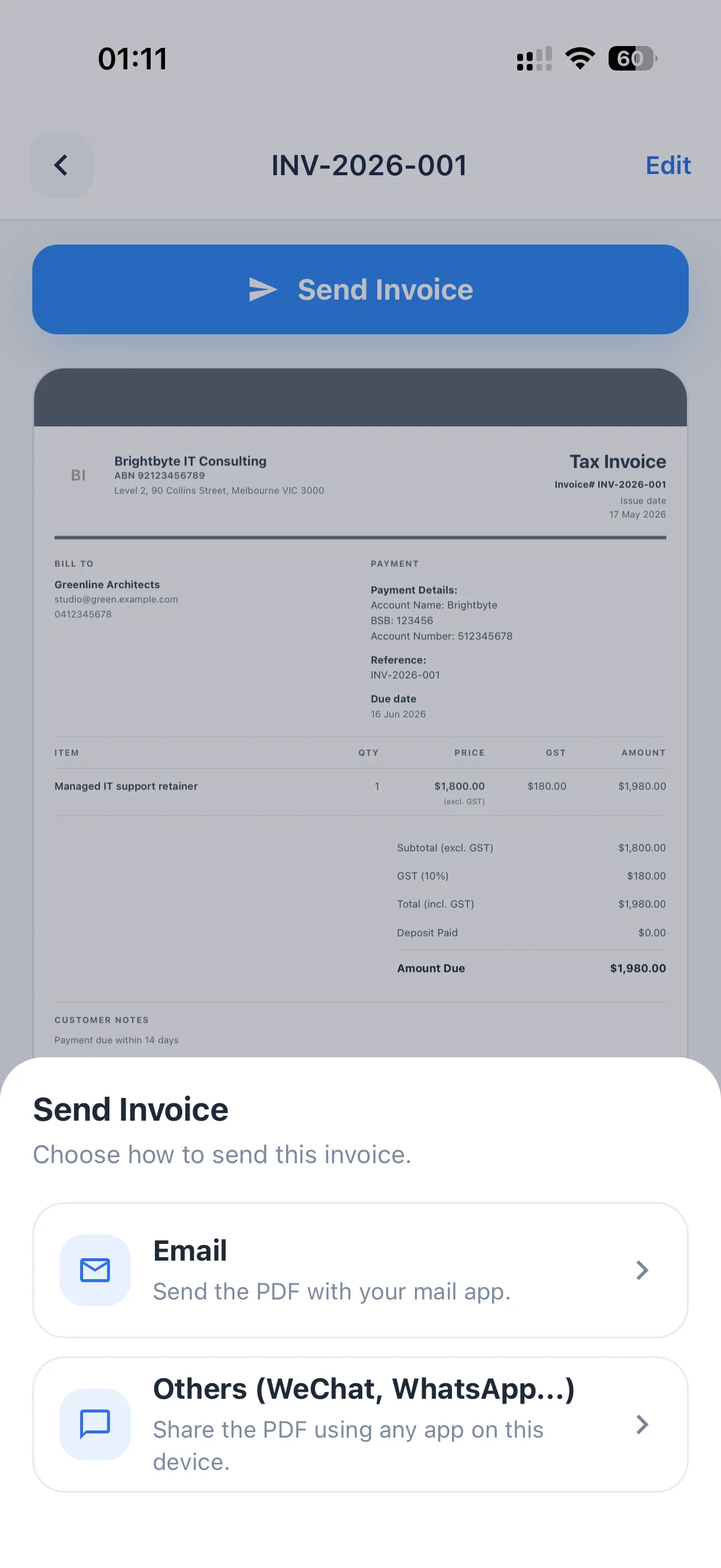 InvoiceMate send invoice screen showing PDF invoice sharing and email options