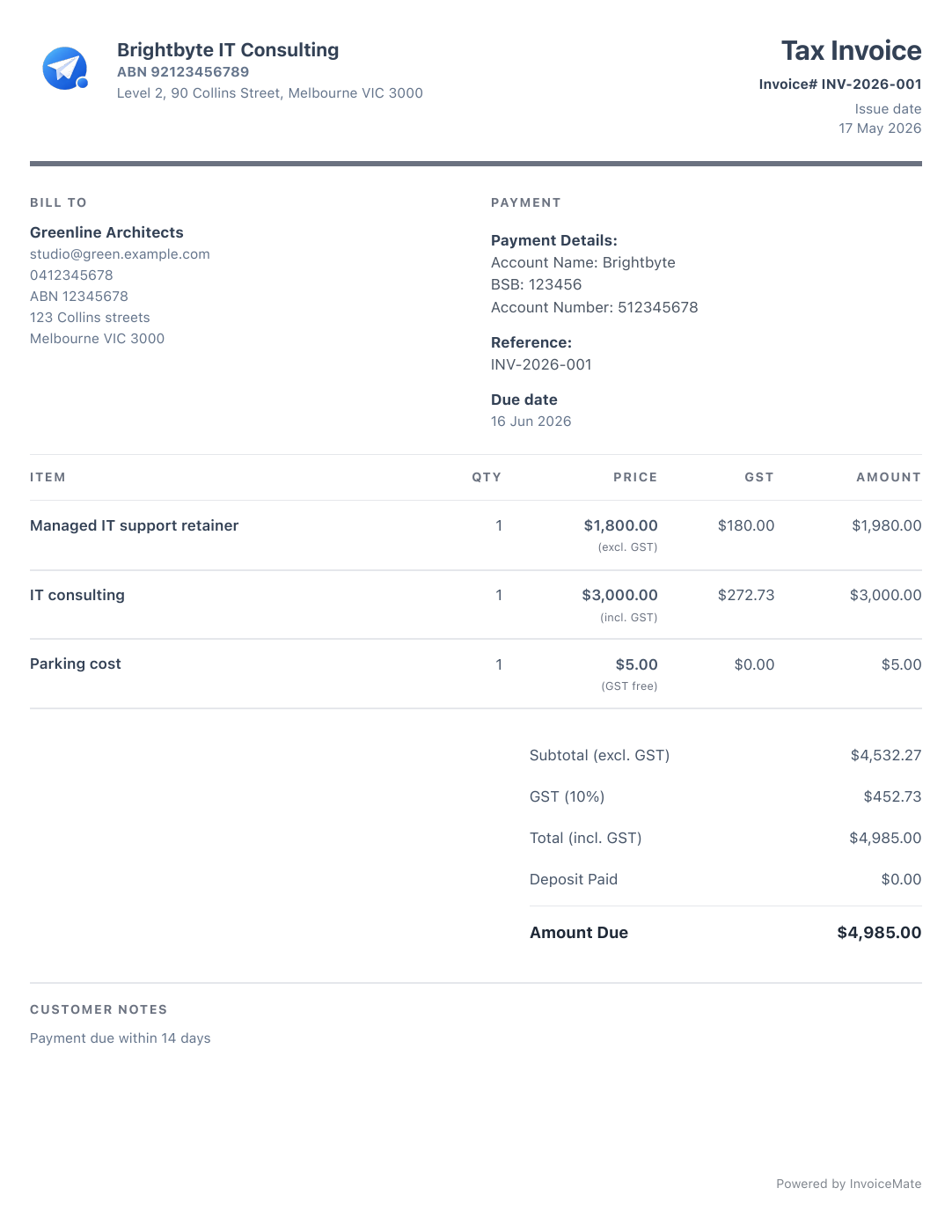 InvoiceMate sample tax invoice with business logo, itemised charges and GST