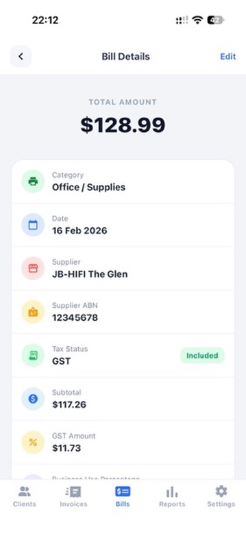 Receipt recognition result showing supplier JB-HI-FI, total $128.99 and GST $11.73