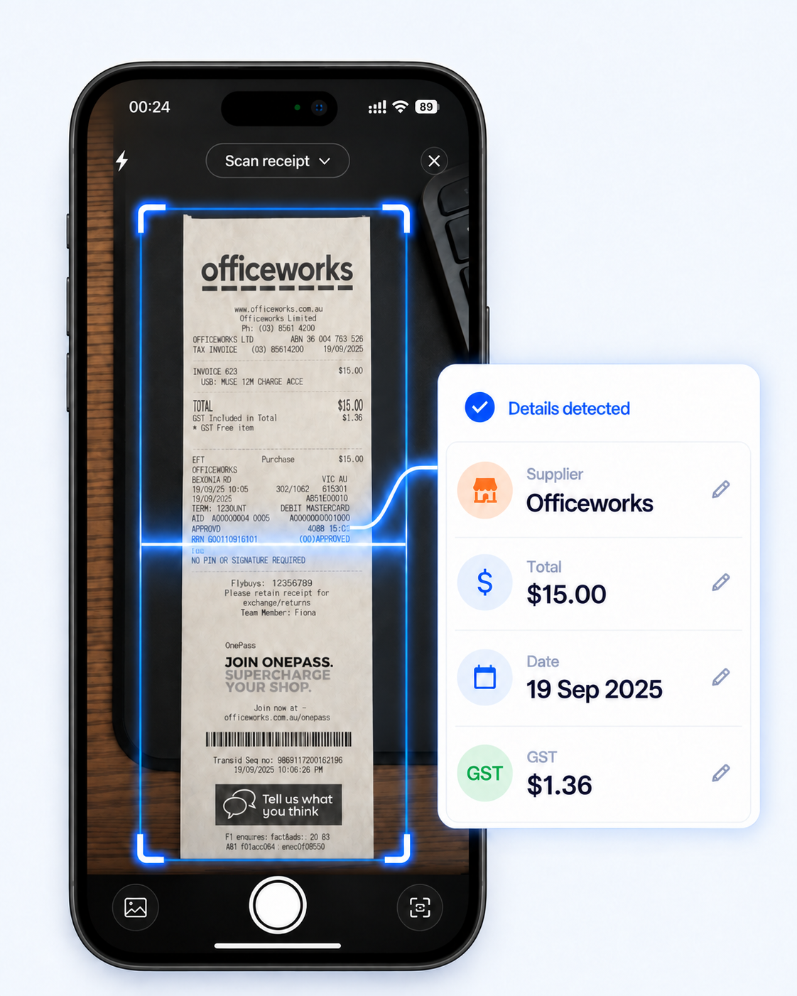InvoiceMate receipt capture showing supplier, date, amount and GST recognised from a photo